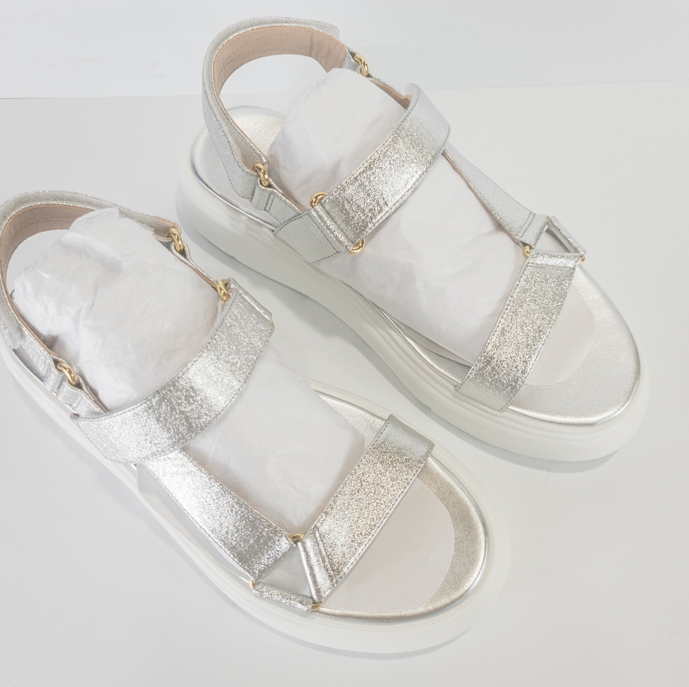 Stuart Weitzman Zolie Metallic Leather Platform Sandals Silver -8.5 - Picture 7 of 8